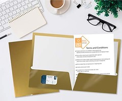 2 Pocket Glossy Laminated Metallic Gold Paper Folders, Letter Size, 25 Pack,