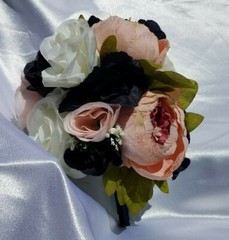 19 Pc Wedding Bouquet Pkg, Ivory, Navy Blue Roses, Blush Peony, Navy & Pink
