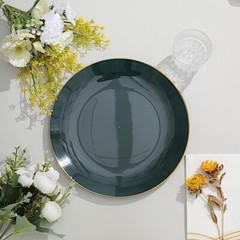 HUNTER GREEN 10 Glossy 10″ Round Plastic Salad PLATES Gold Rim Party Events