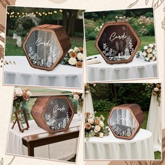 Hexagon Brown Wooden Wedding Card Box Envelope Money Floral Print Rustic Decor