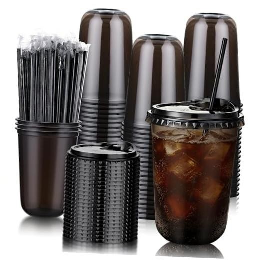Set Clear Plastic Cups with Sip Lids & Straws, Disposable Round 16oz 100 Black
