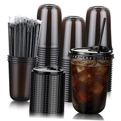 Set Clear Plastic Cups with Sip Lids & Straws, Disposable Round 16oz 100 Black