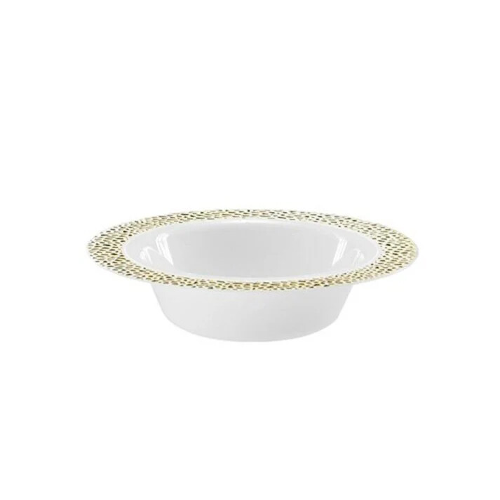 White Plastic Round Bowls 5Oz Pebbled Dessert With Gold Rim Disposable Tableware