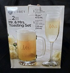 Libbey Mr & Mrs Toasting Set of 2 Glass Mug 16oz Flute 7.25oz w Box Wedding Gift