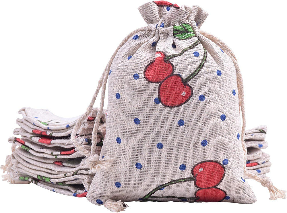 50PCS Cotton Drawstring Gift Bags 4×5.6 Inch Cherry Pattern Jewelry Party Favor