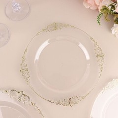 10 CLEAR GOLD 8″ Round Plastic Salad Dinner PLATES Embossed Baroque Rim Party