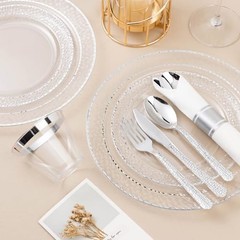 350PCS Clear Plastic Plates with Trim for 50 Guests, 50 Guests Set Silver