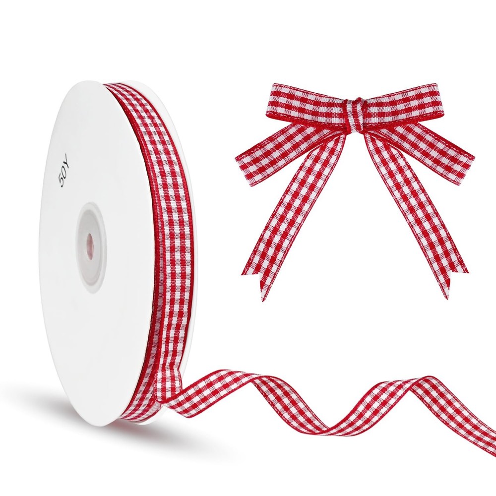 Red and White Checkered Ribbon, 3/8 Inch x 50 Yard Roll for Gift Wrapping, Ch…
