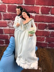 RARE Vintage 1950’s Porcelain WEDDING CAKE TOPPER BRIDE & GROOM Both In WHITE 7″