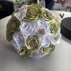 Artificial Fabric Rose Wedding Bouquet Ball White Sage Green Gold Rhinestones