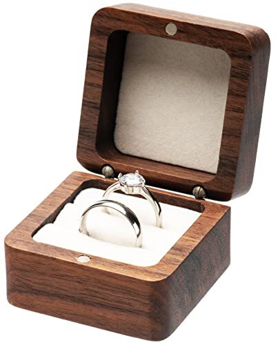 Square Solid Wood Double Ring Box Case for Wedding Ceremony Beige Inner
