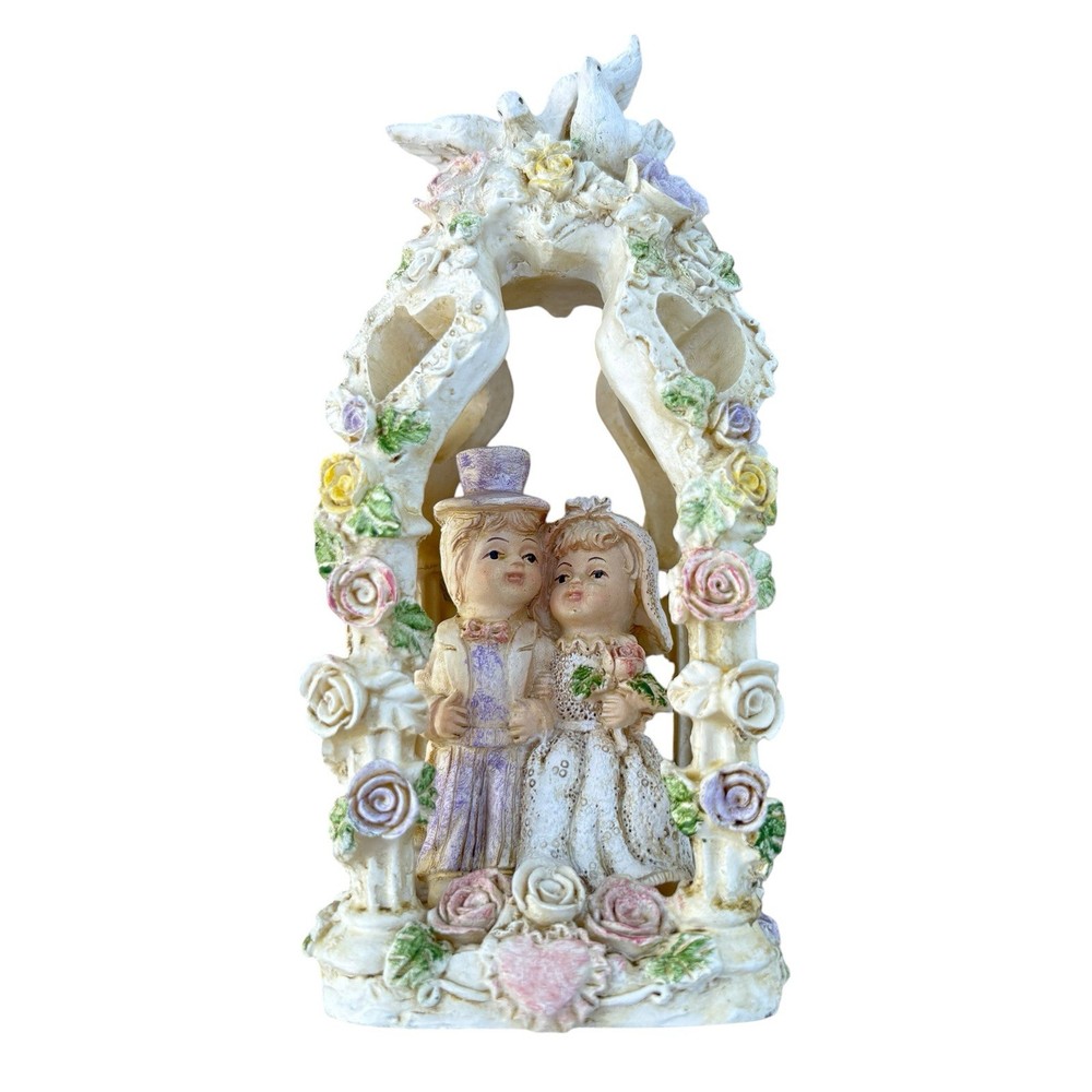 Wedding Cake Topper Bride & Groom 6”Roses Doves Hearts White Pink Purple Green