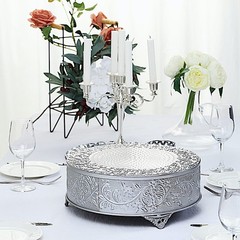 SILVER 14″ wide Round Floral Embossed Cake Stand Cupcake Display Wedding Party