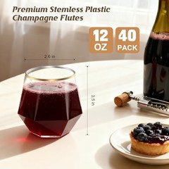 40 Pack 12oz Diamond Plastic Wine Glasses with Gold Rim, Disposable Stemless
