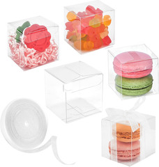 100 Pack Clear 2x2x2 Favor Boxes with Ribbons for Treats and Macarons
