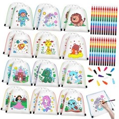 Dansydaisy 24 Set Drawstring Backpacks Bulk with 24 Stackable Crayons Colorable