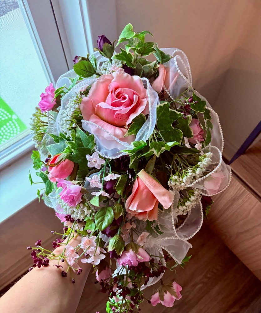 Handmade Vintage 1990s Pink, Mauve, White, Plum Wedding Bouquet w/ Boutonnieres