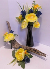 Bridal Denim Roses and Yellow Ranunculus Bouquet & Corsage & Boutonniere Set