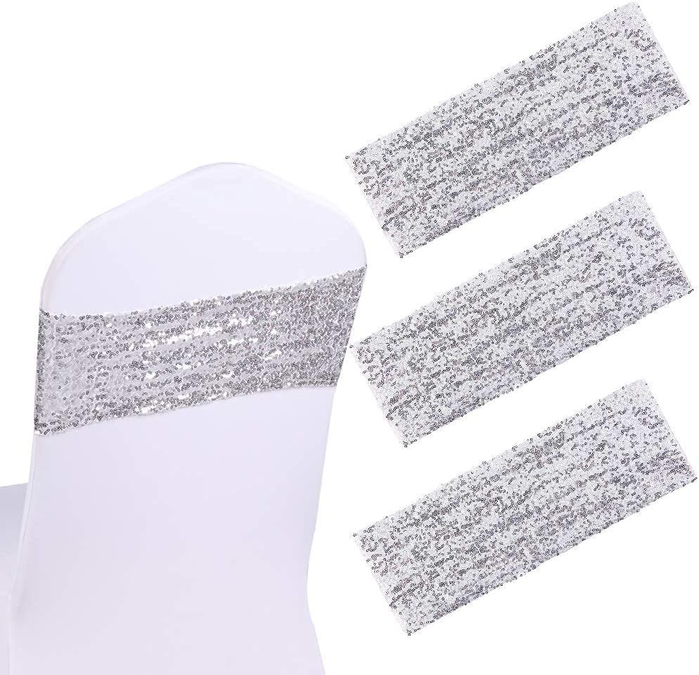 Sequin Spandex Chair Sash 50 Pcs Silver Sashes Chairs Stretch Bands Sparkling