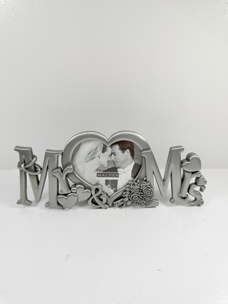 Silver WEDDING PICTURE FRAME MR & MRS metal Mantle Desk Shelf 8″ Malden Intl.