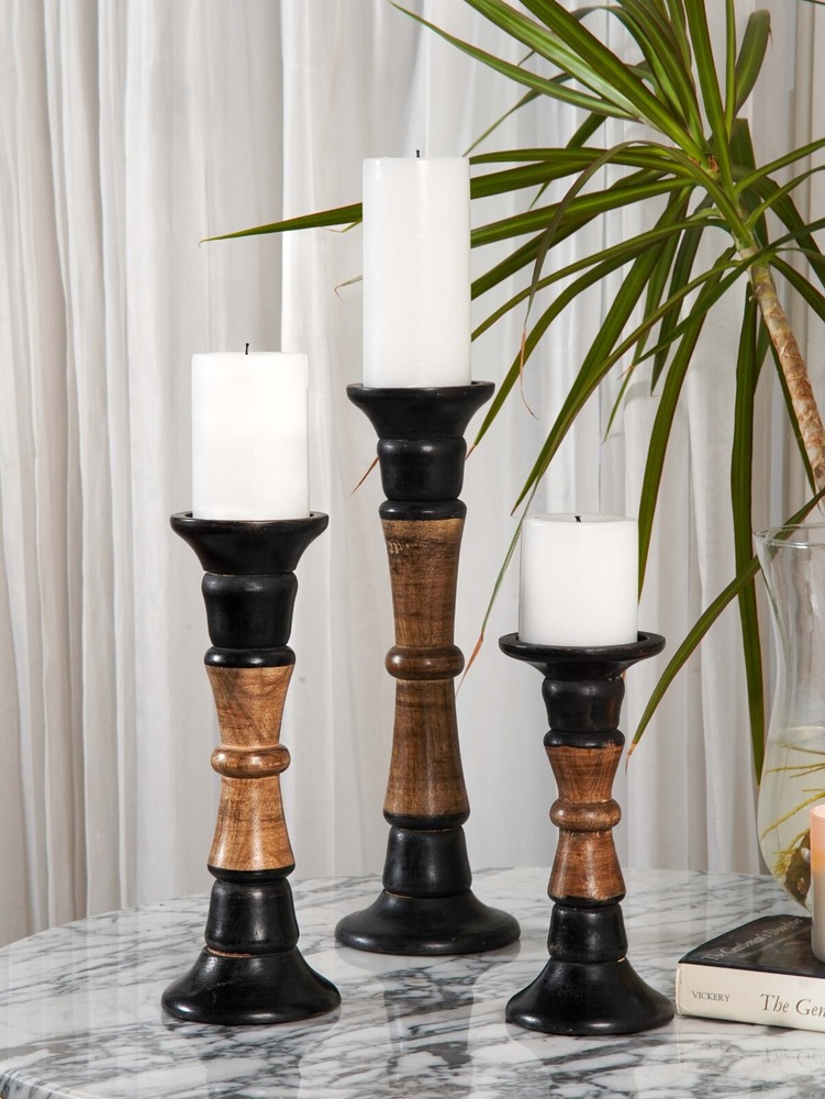 Handmade Eco-Friendly Dark Polish Mango Wood Set Of Three Pillar Candle Holder