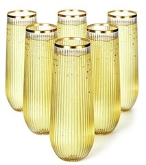 48 Pack Ribbed Plastic Champagne Flutes Stemless With Gold Rim, Unbreakable