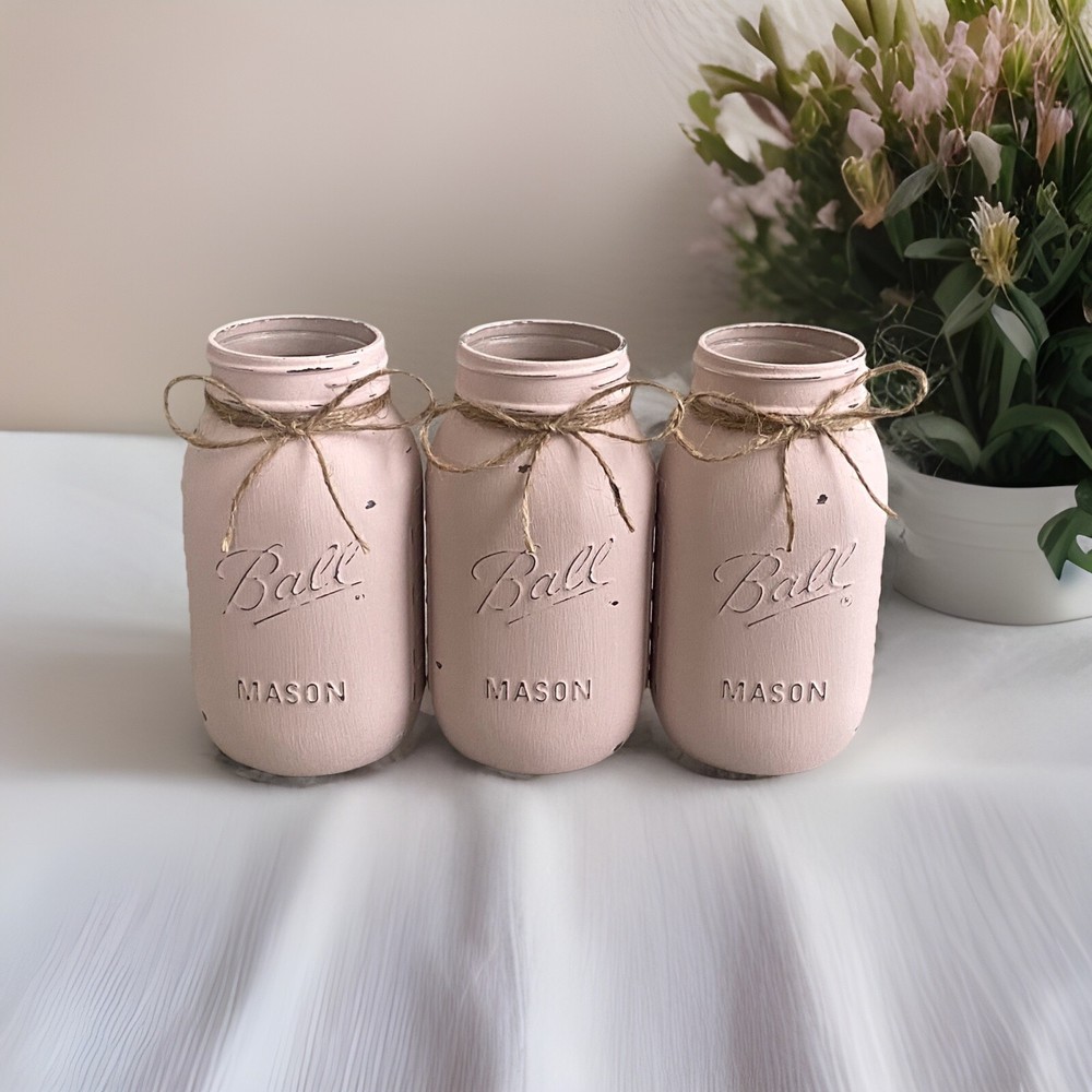 Set of 3 chalk painted distressed Quart size mason jar vases…mix & match colors!
