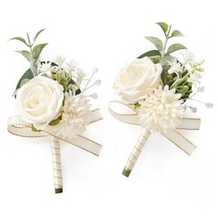 2 Pcs White Boutonniere for Men, Groom Groomsmen Best Boutonniere 2pcs A White