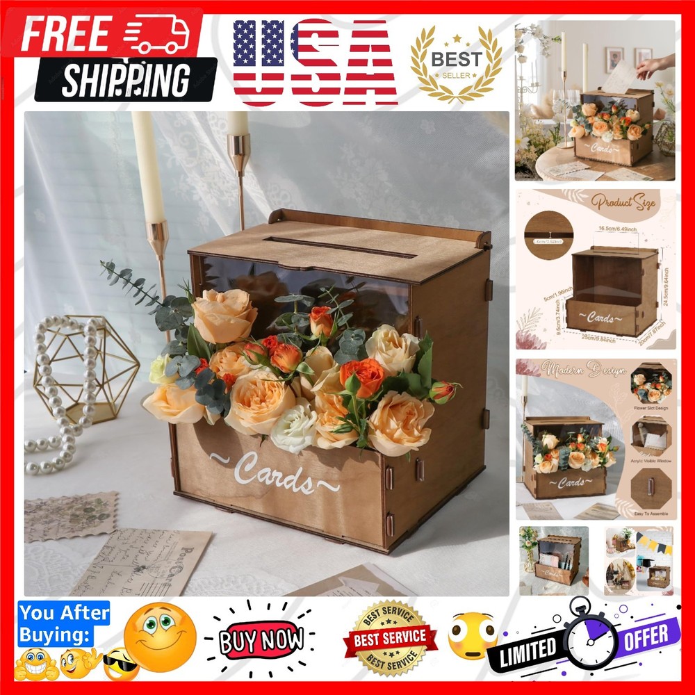 Wooden Wedding Card Box with Flower Trough, Brown Gift Card Box for Wedding w…