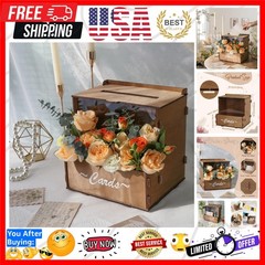 Wooden Wedding Card Box with Flower Trough, Brown Gift Card Box for Wedding w…