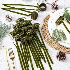 12 Set Christmas Napkin Rings Wooden Bow Napkin Rings Velvet Bow Olive Green