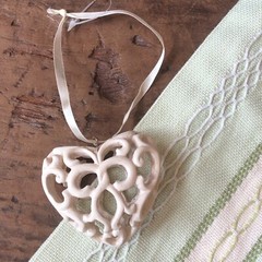 Romantic Antique Bone/Shell Look Carved Heart Ornament Christmas Baptism Wedding