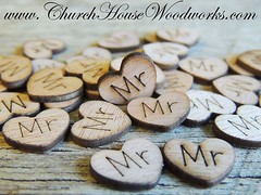 Mr, Mrs, Bride, Groom heart shaped, wood confetti, for rustic wedding, USA,decor