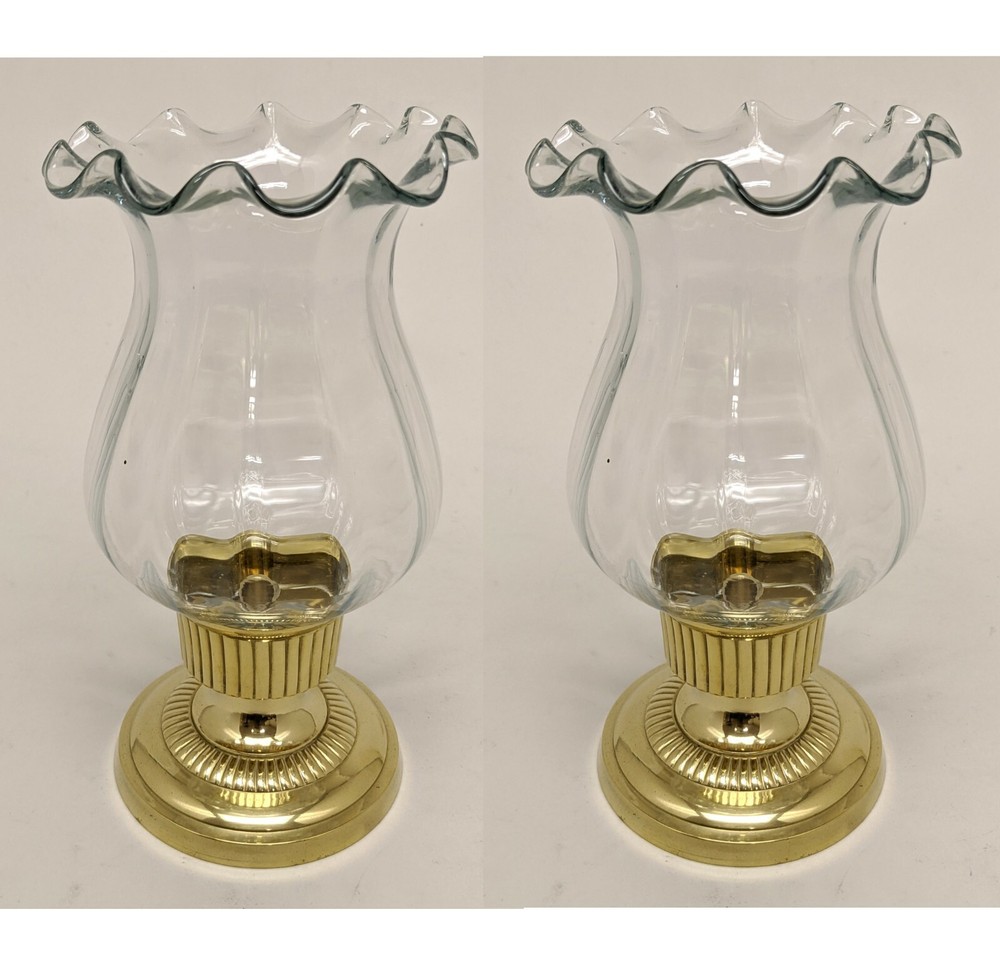 Candle Holder Brass Base Fluted Glass Hurricane Shade 4.5″Dia 8″High Set of 2