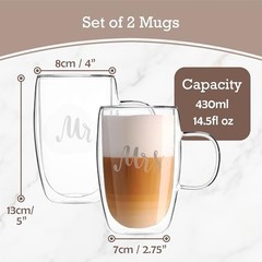 Mr and Mrs Coffee Mugs Set – 14.5 oz Double Walled Glasses – His and Hers