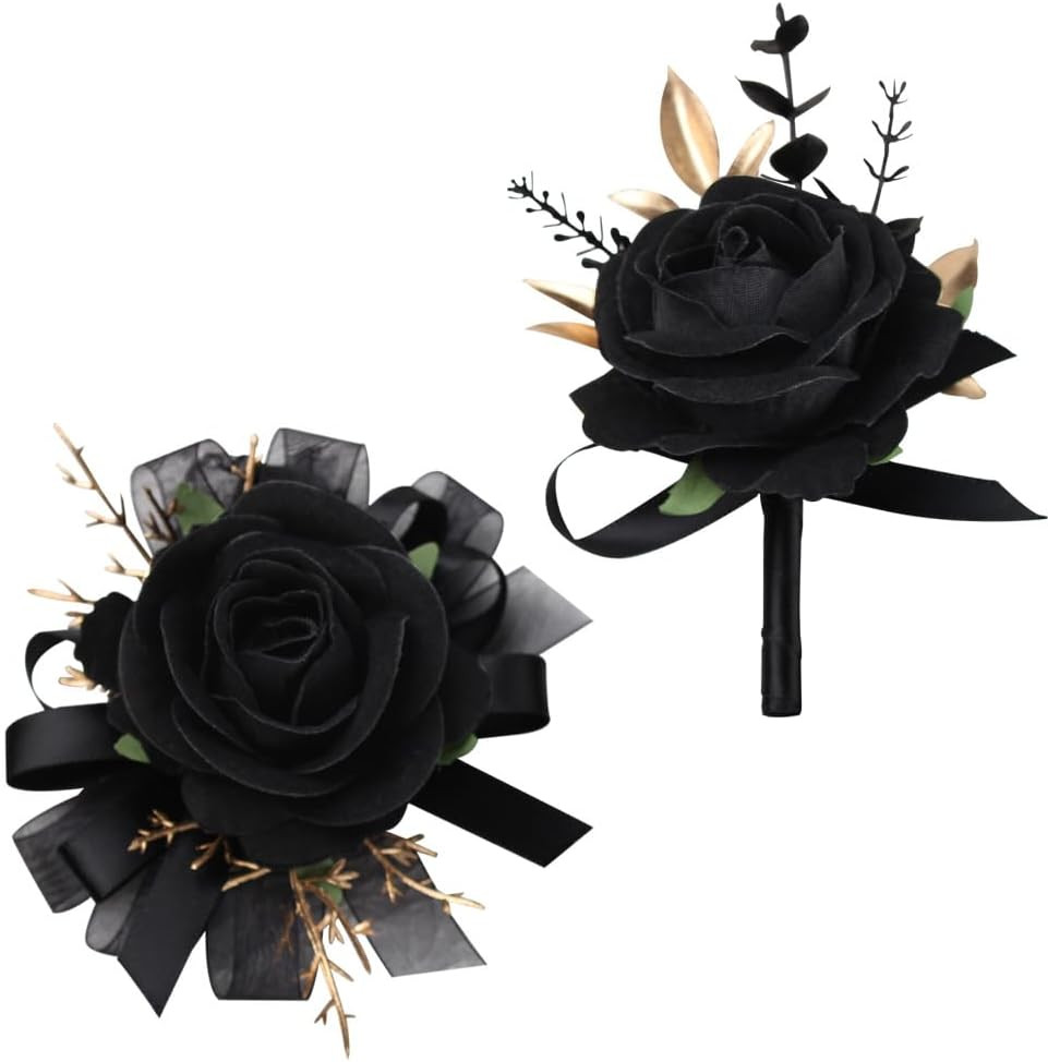 2Pcs Corsage and Boutonniere Set Rose Wrist Corsage Wristlet Band for Wedding Fl