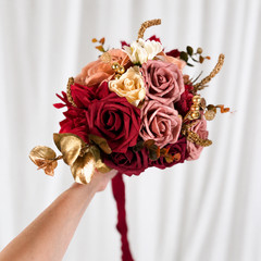 Burgundy Gold Mauve Pink Silk Rose Dahlia Bridal Bouquet Boutonniere Wedding Set