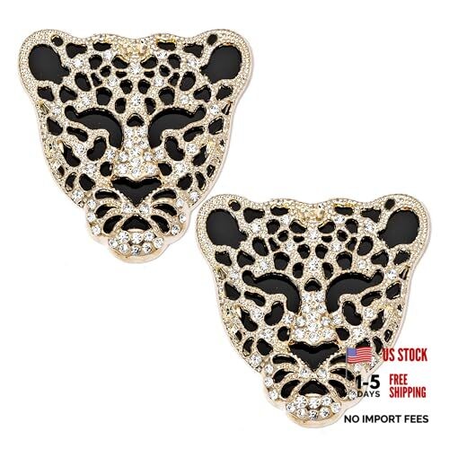 2PCS Leopard Head Animal Rhinestone Patch DIY Car Decorations, Alloy Gold