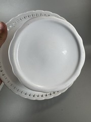 Vintage White Milk Glass Pedestal Cake Stand Openwork Edge 8” Round