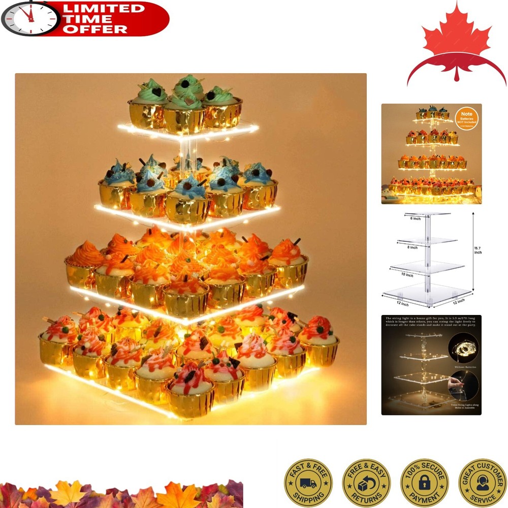 Luxury Cupcake Stand – LED Light Included – Premium Acrylic – Holds 52 Cupcakes