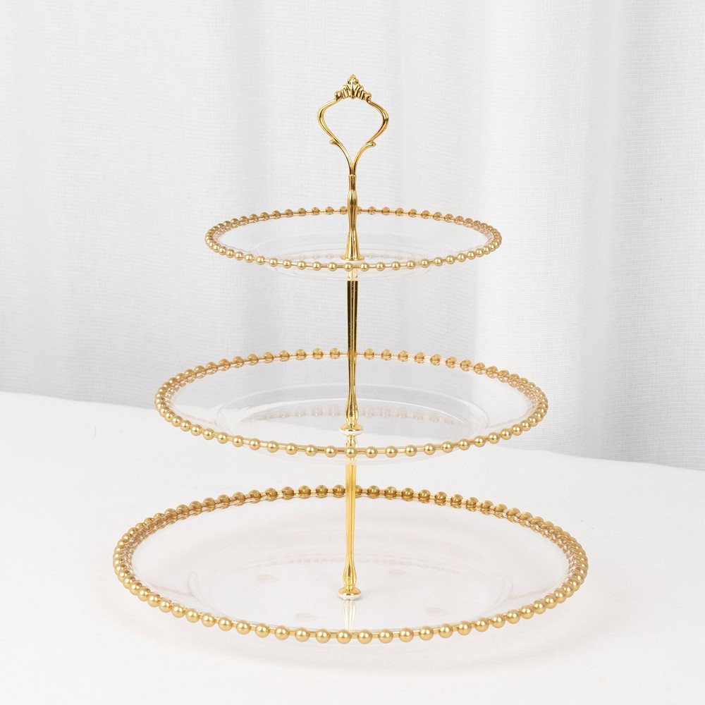 CLEAR GOLD 3-Tier 14″ Round Plastic CUPCAKE Tower STAND Beaded Rim Party Events
