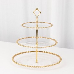 CLEAR GOLD 3-Tier 14″ Round Plastic CUPCAKE Tower STAND Beaded Rim Party Events