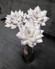 7 Handmade Paper Flowers on stems (White w/Purple tips) for Wedding, Valentine’s