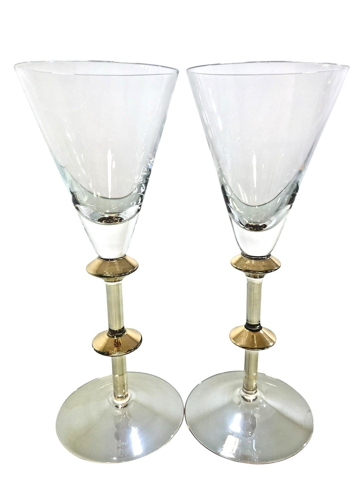 2 Pier 1 P1c71 Wine Glasses Gold Wafer Accent Stems Iredescent Amber Foot 9″ T