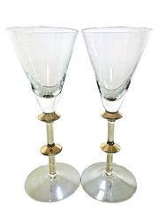 2 Pier 1 P1c71 Wine Glasses Gold Wafer Accent Stems Iredescent Amber Foot 9″ T