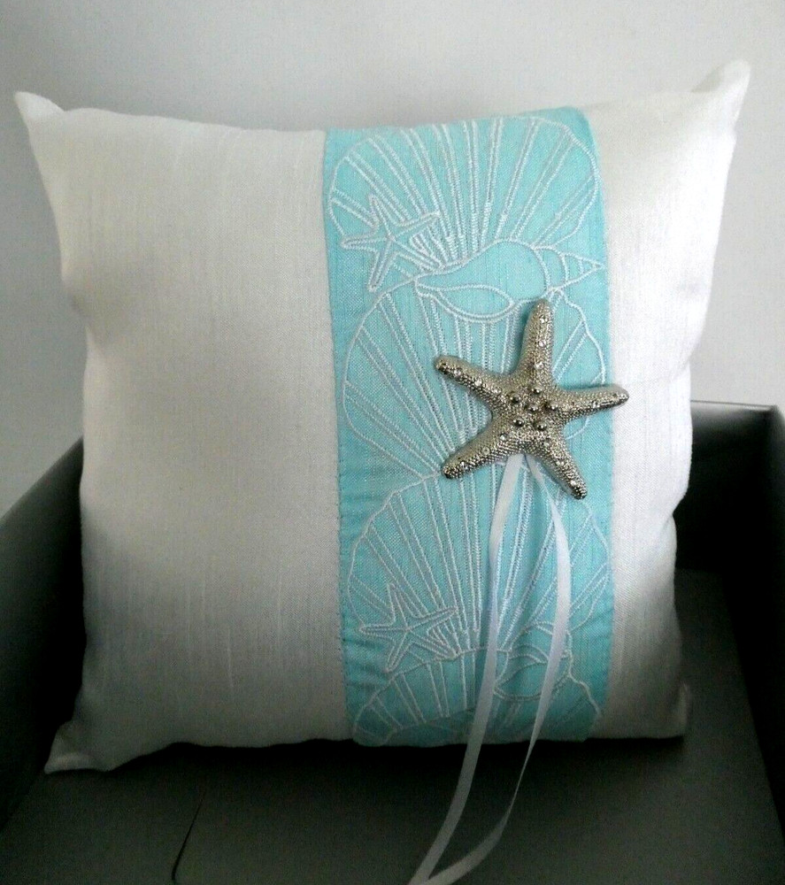 Weddingstar Starfish Coastal Design Wedding Ring Pillow Turquoise & White NIB