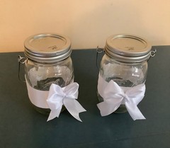lighted hanging mason jar with hydrangea stem set of 2……you pick color of ribbon