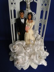 New Vintage Dark skin Bride & Groom chapel arch/cross Wedding Cake Top, # 298