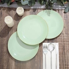 SAGE GREEN 10 Glossy 8″ Round Plastic Salad PLATES Gold Rim Party Events