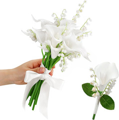 16 Pcs Bride Bouquet Set Include 10 White Calla Lily Artificial Flowers 5 Faux L